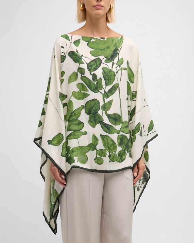 Placed Flower Cashmere-Blend Printed Poncho